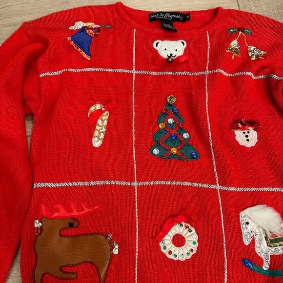 WORK IN PROGRESS BY GLADYS BAGLEY RED CHRISTMAS SWEATER SMALL WOMENS - Picture 4 of 8